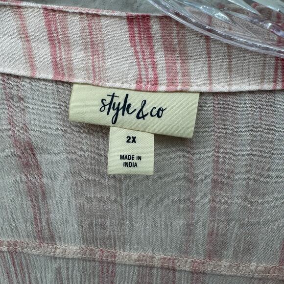 Style & Co Women’s 2X Pink White Striped Button Front Blouse Roll Tab Sleeve - Picture 4 of 8